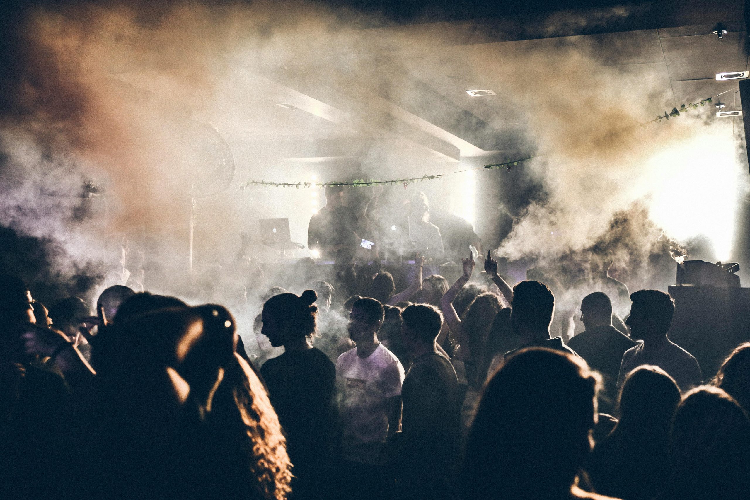 Energetic crowd enjoying live music and visuals at a bustling nightclub party.
