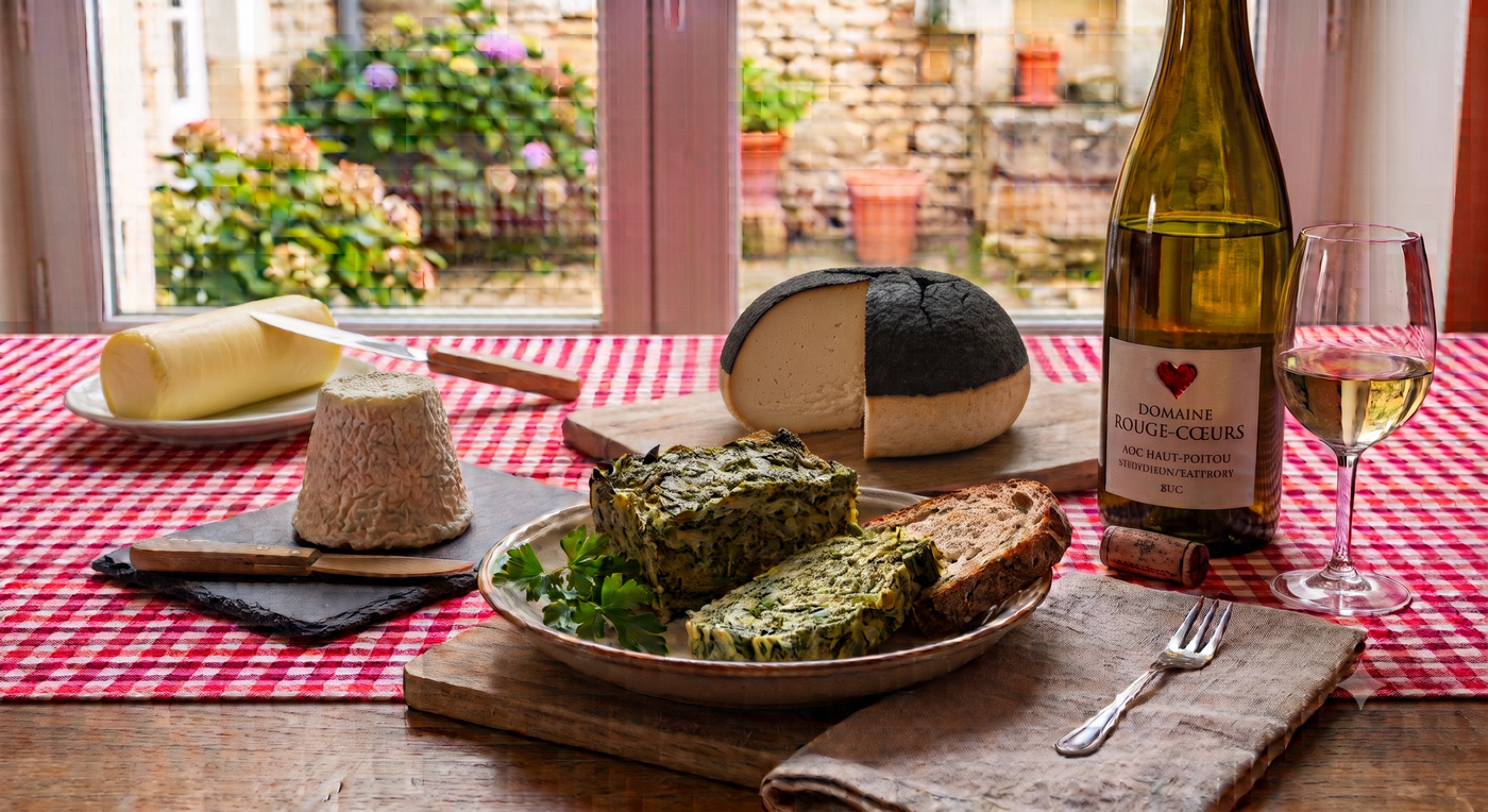 produits du terroir du poitou : du beurre, du chabis, du farci poitevin, du tourteau fromagé et du vin du haut poutou posés sur une table